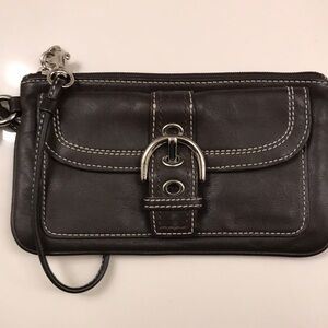 Coach Dark Brown Leather Wristlet with Silver Accents